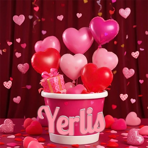 Cubo rosa lleno de globos en forma de corazones rojos y rosas, con pequeños regalos esparcidos sobre un fondo de cortinas de terciopelo rojo que sugieren un ambiente festivo cálido. El nombre Yerlis está escrito en el diseño.