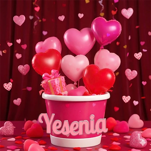 Cubo rosa lleno de globos en forma de corazones rojos y rosas, con pequeños regalos esparcidos sobre un fondo de cortinas de terciopelo rojo que sugieren un ambiente festivo cálido. El nombre Yesenia está escrito en el diseño.