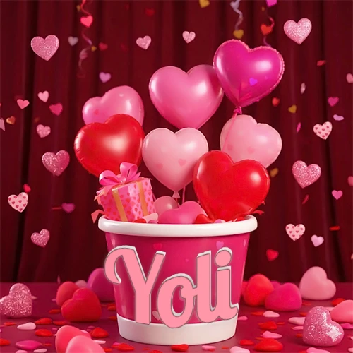 Cubo rosa lleno de globos en forma de corazones rojos y rosas, con pequeños regalos esparcidos sobre un fondo de cortinas de terciopelo rojo que sugieren un ambiente festivo cálido. El nombre Yoli está escrito en el diseño. Cubo rosa lleno de globos en forma de corazones rojos y rosas, con pequeños regalos esparcidos sobre un fondo de cortinas de terciopelo rojo que sugieren un ambiente festivo cálido. El nombre Yoli está escrito en el diseño.