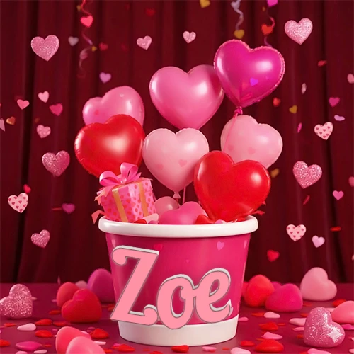 Cubo rosa lleno de globos en forma de corazones rojos y rosas, con pequeños regalos esparcidos sobre un fondo de cortinas de terciopelo rojo que sugieren un ambiente festivo cálido. El nombre Zoe está escrito en el diseño.