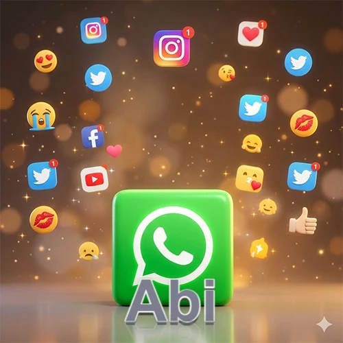El logotipo de la aplicación WhatsApp domina la escena, rodeado por un divertido grupo de emojis voladores e iconos de redes sociales iluminados sobre un fondo dorado brillante. El nombre Abi está escrito en el diseño.