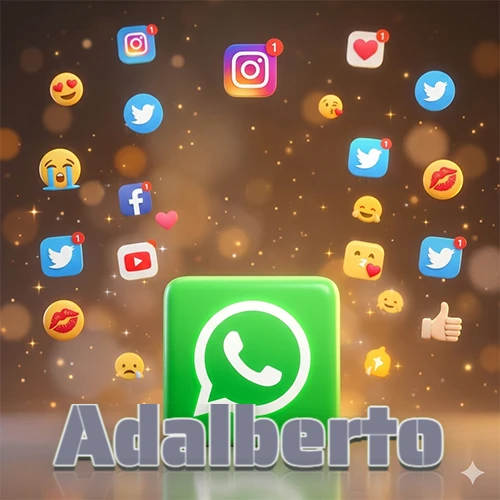 El logotipo de la aplicación WhatsApp domina la escena, rodeado por un divertido grupo de emojis voladores e iconos de redes sociales iluminados sobre un fondo dorado brillante. El nombre Adalberto está escrito en el diseño.