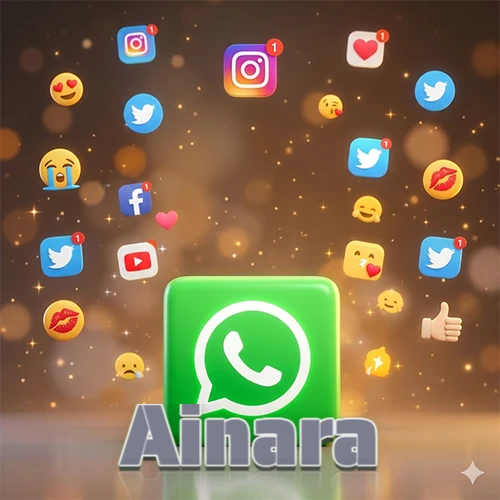 El logotipo de la aplicación WhatsApp domina la escena, rodeado por un divertido grupo de emojis voladores e iconos de redes sociales iluminados sobre un fondo dorado brillante. El nombre Ainara está escrito en el diseño.