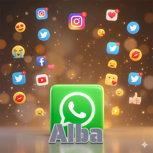 El logotipo de la aplicación WhatsApp domina la escena, rodeado por un divertido grupo de emojis voladores e iconos de redes sociales iluminados sobre un fondo dorado brillante. El nombre Alba está escrito en el diseño.