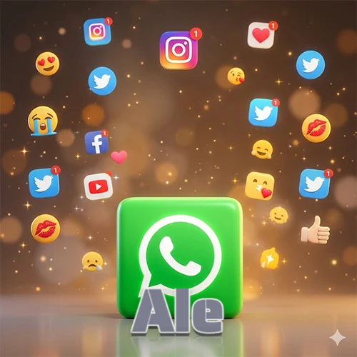 El logotipo de la aplicación WhatsApp domina la escena, rodeado por un divertido grupo de emojis voladores e iconos de redes sociales iluminados sobre un fondo dorado brillante. El nombre Ale está escrito en el diseño.