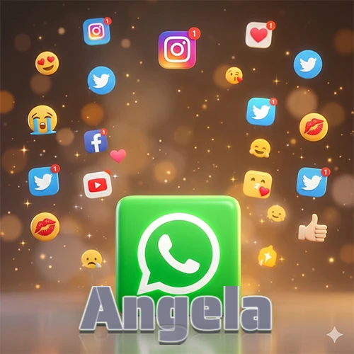 El logotipo de la aplicación WhatsApp domina la escena, rodeado por un divertido grupo de emojis voladores e iconos de redes sociales iluminados sobre un fondo dorado brillante. El nombre Angela está escrito en el diseño.