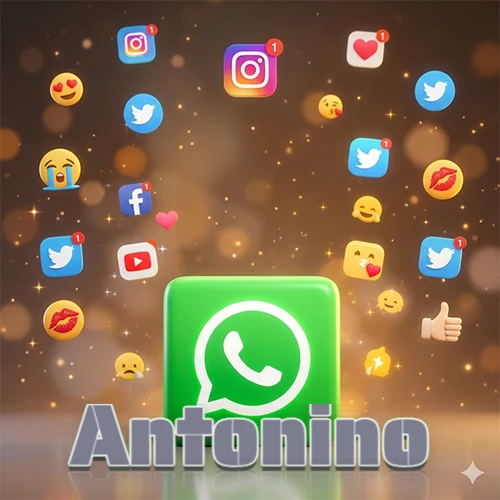 El logotipo de la aplicación WhatsApp domina la escena, rodeado por un divertido grupo de emojis voladores e iconos de redes sociales iluminados sobre un fondo dorado brillante. El nombre Antonino está escrito en el diseño. El logotipo de la aplicación WhatsApp domina la escena, rodeado por un divertido grupo de emojis voladores e iconos de redes sociales iluminados sobre un fondo dorado brillante. El nombre Antonino está escrito en el diseño.