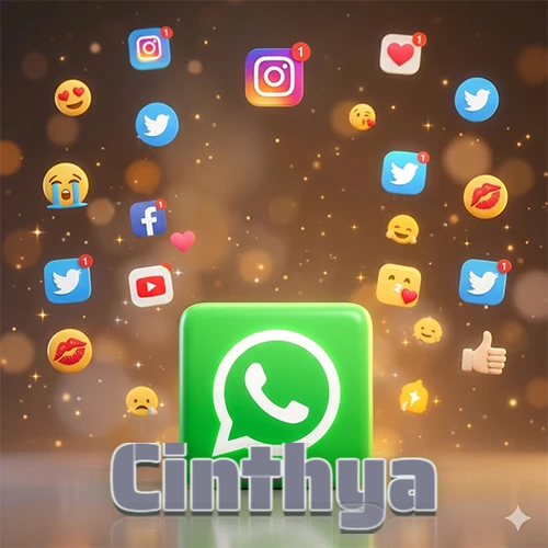 El logotipo de la aplicación WhatsApp domina la escena, rodeado por un divertido grupo de emojis voladores e iconos de redes sociales iluminados sobre un fondo dorado brillante. El nombre Cinthya está escrito en el diseño. El logotipo de la aplicación WhatsApp domina la escena, rodeado por un divertido grupo de emojis voladores e iconos de redes sociales iluminados sobre un fondo dorado brillante. El nombre Cinthya está escrito en el diseño.
