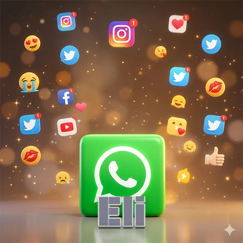 El logotipo de la aplicación WhatsApp domina la escena, rodeado por un divertido grupo de emojis voladores e iconos de redes sociales iluminados sobre un fondo dorado brillante. El nombre Eli está escrito en el diseño.