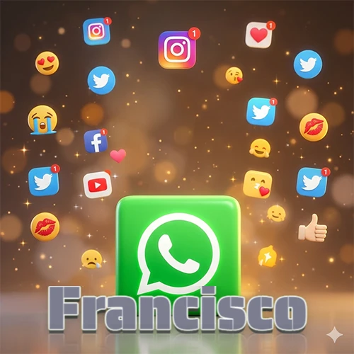 El logotipo de la aplicación WhatsApp domina la escena, rodeado por un divertido grupo de emojis voladores e iconos de redes sociales iluminados sobre un fondo dorado brillante. El nombre Francisco está escrito en el diseño.