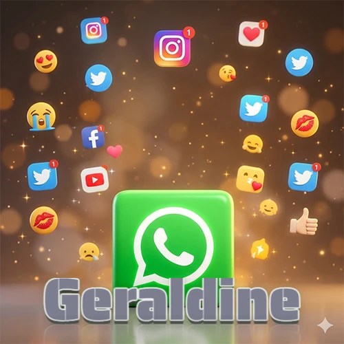 El logotipo de la aplicación WhatsApp domina la escena, rodeado por un divertido grupo de emojis voladores e iconos de redes sociales iluminados sobre un fondo dorado brillante. El nombre Geraldine está escrito en el diseño.