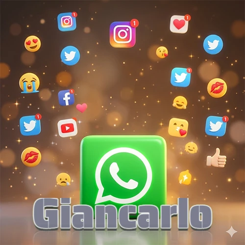 El logotipo de la aplicación WhatsApp domina la escena, rodeado por un divertido grupo de emojis voladores e iconos de redes sociales iluminados sobre un fondo dorado brillante. El nombre Giancarlo está escrito en el diseño.