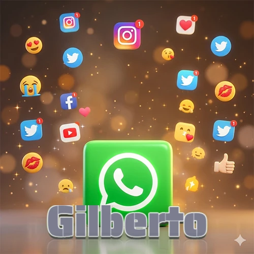 El logotipo de la aplicación WhatsApp domina la escena, rodeado por un divertido grupo de emojis voladores e iconos de redes sociales iluminados sobre un fondo dorado brillante. El nombre Gilberto está escrito en el diseño.
