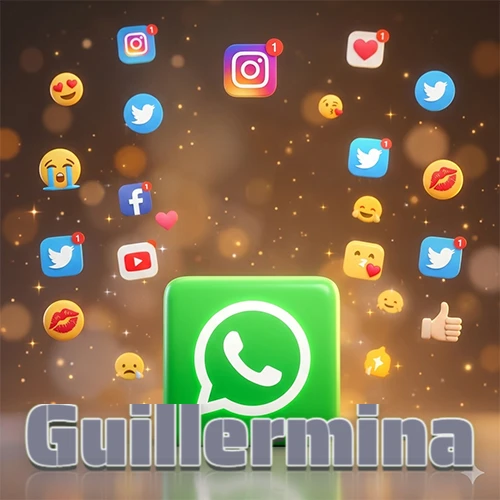 El logotipo de la aplicación WhatsApp domina la escena, rodeado por un divertido grupo de emojis voladores e iconos de redes sociales iluminados sobre un fondo dorado brillante. El nombre Guillermina está escrito en el diseño.