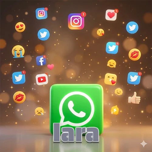El logotipo de la aplicación WhatsApp domina la escena, rodeado por un divertido grupo de emojis voladores e iconos de redes sociales iluminados sobre un fondo dorado brillante. El nombre Iara está escrito en el diseño.