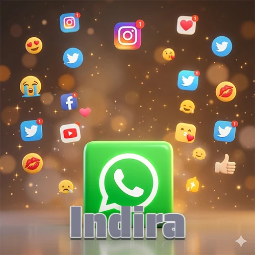 El logotipo de la aplicación WhatsApp domina la escena, rodeado por un divertido grupo de emojis voladores e iconos de redes sociales iluminados sobre un fondo dorado brillante. El nombre Indira está escrito en el diseño.