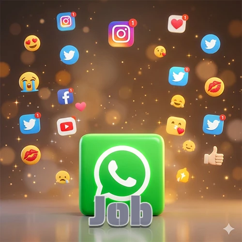 El logotipo de la aplicación WhatsApp domina la escena, rodeado por un divertido grupo de emojis voladores e iconos de redes sociales iluminados sobre un fondo dorado brillante. El nombre Job está escrito en el diseño.
