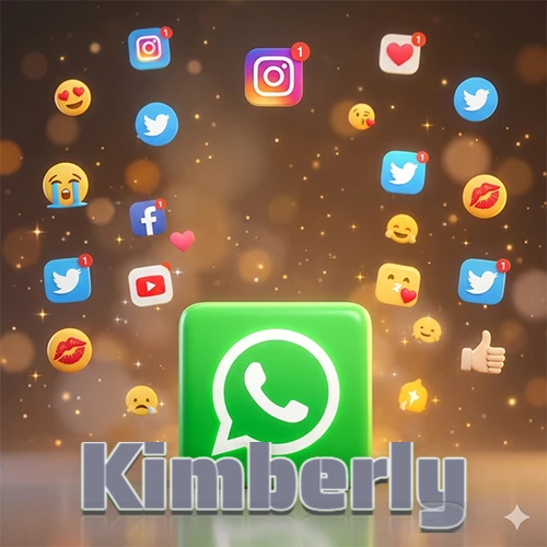 El logotipo de la aplicación WhatsApp domina la escena, rodeado por un divertido grupo de emojis voladores e iconos de redes sociales iluminados sobre un fondo dorado brillante. El nombre Kimberly está escrito en el diseño.