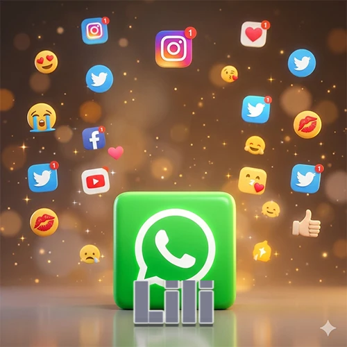 El logotipo de la aplicación WhatsApp domina la escena, rodeado por un divertido grupo de emojis voladores e iconos de redes sociales iluminados sobre un fondo dorado brillante. El nombre Lili está escrito en el diseño.