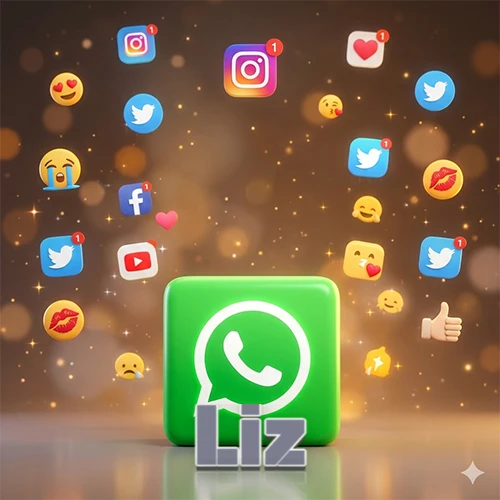 El logotipo de la aplicación WhatsApp domina la escena, rodeado por un divertido grupo de emojis voladores e iconos de redes sociales iluminados sobre un fondo dorado brillante. El nombre Liz está escrito en el diseño.