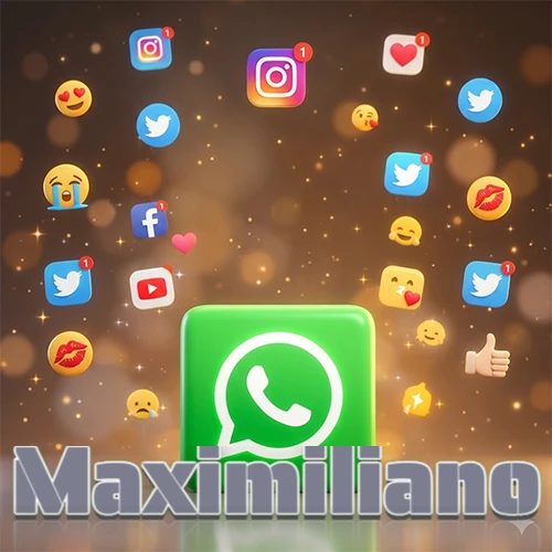 El logotipo de la aplicación WhatsApp domina la escena, rodeado por un divertido grupo de emojis voladores e iconos de redes sociales iluminados sobre un fondo dorado brillante. El nombre Maximiliano está escrito en el diseño.