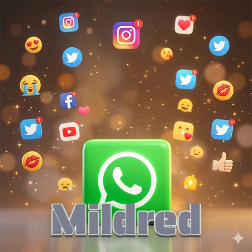 El logotipo de la aplicación WhatsApp domina la escena, rodeado por un divertido grupo de emojis voladores e iconos de redes sociales iluminados sobre un fondo dorado brillante. El nombre Mildred está escrito en el diseño.