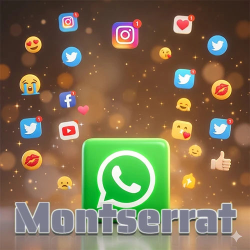 El logotipo de la aplicación WhatsApp domina la escena, rodeado por un divertido grupo de emojis voladores e iconos de redes sociales iluminados sobre un fondo dorado brillante. El nombre Montserrat está escrito en el diseño.