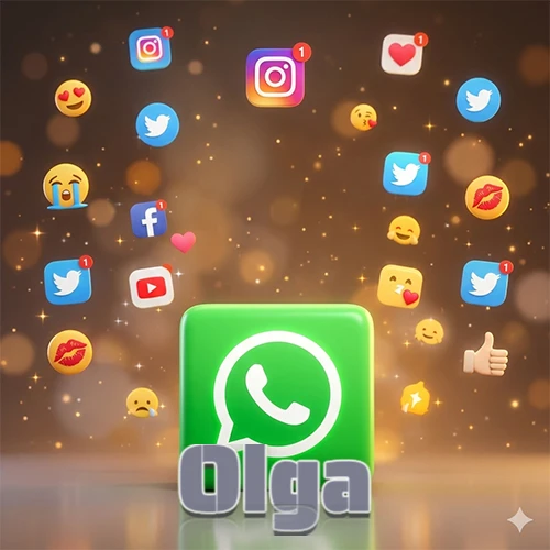 El logotipo de la aplicación WhatsApp domina la escena, rodeado por un divertido grupo de emojis voladores e iconos de redes sociales iluminados sobre un fondo dorado brillante. El nombre Olga está escrito en el diseño.