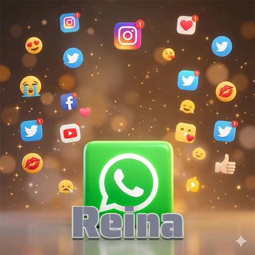 El logotipo de la aplicación WhatsApp domina la escena, rodeado por un divertido grupo de emojis voladores e iconos de redes sociales iluminados sobre un fondo dorado brillante. El nombre Reina está escrito en el diseño.