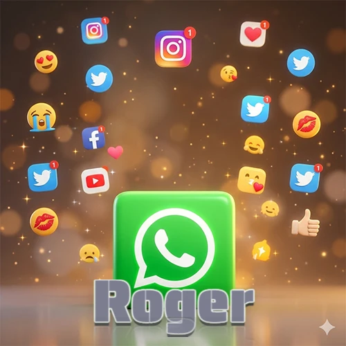 El logotipo de la aplicación WhatsApp domina la escena, rodeado por un divertido grupo de emojis voladores e iconos de redes sociales iluminados sobre un fondo dorado brillante. El nombre Roger está escrito en el diseño. El logotipo de la aplicación WhatsApp domina la escena, rodeado por un divertido grupo de emojis voladores e iconos de redes sociales iluminados sobre un fondo dorado brillante. El nombre Roger está escrito en el diseño.