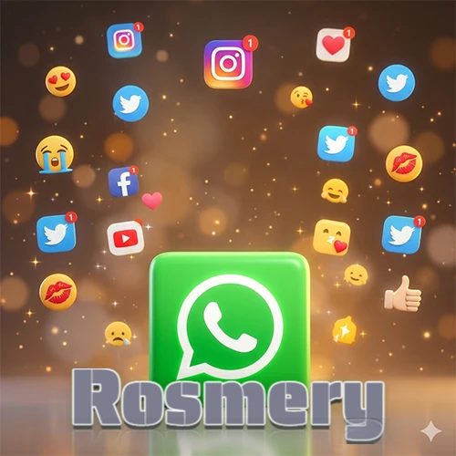 El logotipo de la aplicación WhatsApp domina la escena, rodeado por un divertido grupo de emojis voladores e iconos de redes sociales iluminados sobre un fondo dorado brillante. El nombre Rosmery está escrito en el diseño. El logotipo de la aplicación WhatsApp domina la escena, rodeado por un divertido grupo de emojis voladores e iconos de redes sociales iluminados sobre un fondo dorado brillante. El nombre Rosmery está escrito en el diseño.