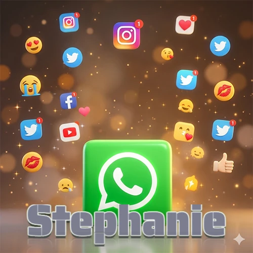 El logotipo de la aplicación WhatsApp domina la escena, rodeado por un divertido grupo de emojis voladores e iconos de redes sociales iluminados sobre un fondo dorado brillante. El nombre Stephanie está escrito en el diseño.