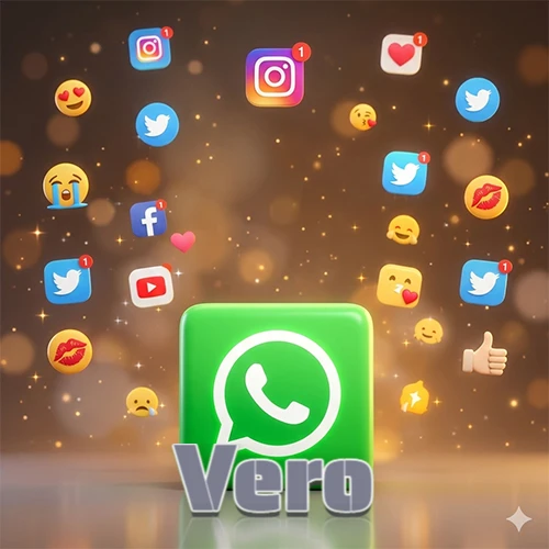 El logotipo de la aplicación WhatsApp domina la escena, rodeado por un divertido grupo de emojis voladores e iconos de redes sociales iluminados sobre un fondo dorado brillante. El nombre Vero está escrito en el diseño.