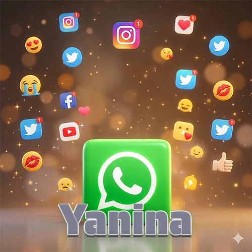 El logotipo de la aplicación WhatsApp domina la escena, rodeado por un divertido grupo de emojis voladores e iconos de redes sociales iluminados sobre un fondo dorado brillante. El nombre Yanina está escrito en el diseño.