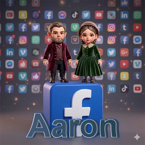 Dos pequeños personajes de dibujos animados con elegante ropa clásica parados sobre un gran logotipo de Facebook, mientras el fondo está lleno de una colorida red de íconos de diferentes aplicaciones. El nombre Aaron está escrito en el diseño. Dos pequeños personajes de dibujos animados con elegante ropa clásica parados sobre un gran logotipo de Facebook, mientras el fondo está lleno de una colorida red de íconos de diferentes aplicaciones. El nombre Aaron está escrito en el diseño.
