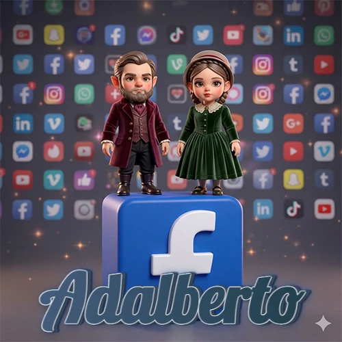 Dos pequeños personajes de dibujos animados con elegante ropa clásica parados sobre un gran logotipo de Facebook, mientras el fondo está lleno de una colorida red de íconos de diferentes aplicaciones. El nombre Adalberto está escrito en el diseño.