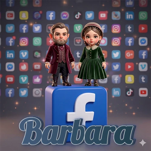 Dos pequeños personajes de dibujos animados con elegante ropa clásica parados sobre un gran logotipo de Facebook, mientras el fondo está lleno de una colorida red de íconos de diferentes aplicaciones. El nombre Barbara está escrito en el diseño.