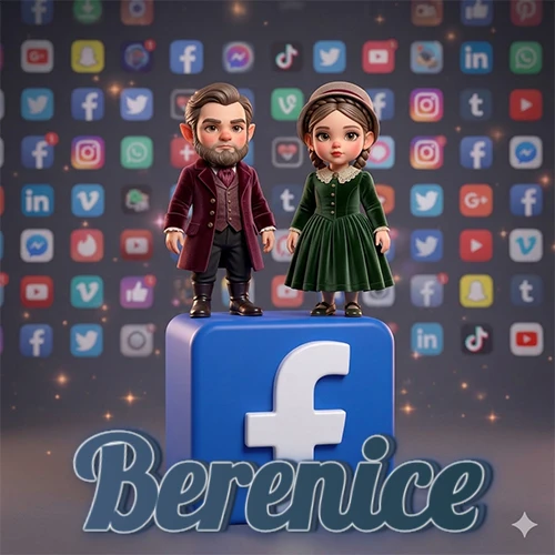 Dos pequeños personajes de dibujos animados con elegante ropa clásica parados sobre un gran logotipo de Facebook, mientras el fondo está lleno de una colorida red de íconos de diferentes aplicaciones. El nombre Berenice está escrito en el diseño.