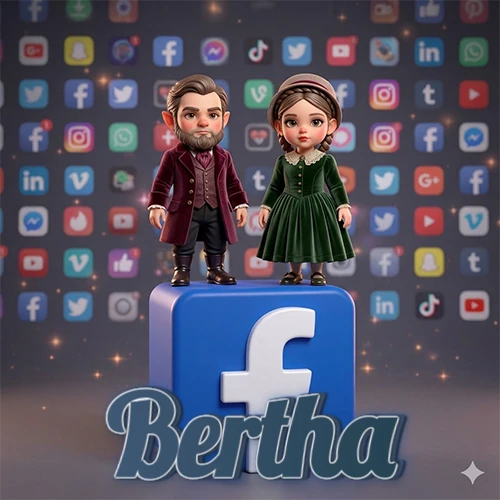 Dos pequeños personajes de dibujos animados con elegante ropa clásica parados sobre un gran logotipo de Facebook, mientras el fondo está lleno de una colorida red de íconos de diferentes aplicaciones. El nombre Bertha está escrito en el diseño.