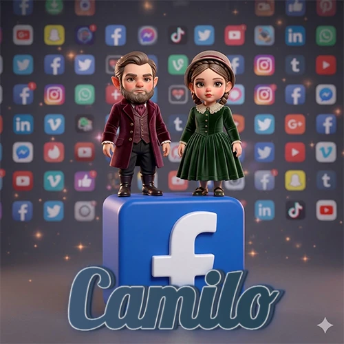 Dos pequeños personajes de dibujos animados con elegante ropa clásica parados sobre un gran logotipo de Facebook, mientras el fondo está lleno de una colorida red de íconos de diferentes aplicaciones. El nombre Camilo está escrito en el diseño.