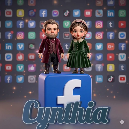 Dos pequeños personajes de dibujos animados con elegante ropa clásica parados sobre un gran logotipo de Facebook, mientras el fondo está lleno de una colorida red de íconos de diferentes aplicaciones. El nombre Cynthia está escrito en el diseño.