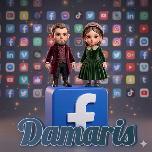 Dos pequeños personajes de dibujos animados con elegante ropa clásica parados sobre un gran logotipo de Facebook, mientras el fondo está lleno de una colorida red de íconos de diferentes aplicaciones. El nombre Damaris está escrito en el diseño. Dos pequeños personajes de dibujos animados con elegante ropa clásica parados sobre un gran logotipo de Facebook, mientras el fondo está lleno de una colorida red de íconos de diferentes aplicaciones. El nombre Damaris está escrito en el diseño.