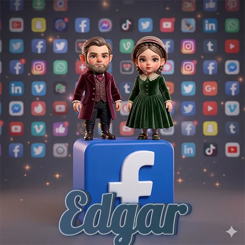 Dos pequeños personajes de dibujos animados con elegante ropa clásica parados sobre un gran logotipo de Facebook, mientras el fondo está lleno de una colorida red de íconos de diferentes aplicaciones. El nombre Edgar está escrito en el diseño.