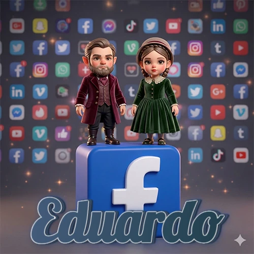 Dos pequeños personajes de dibujos animados con elegante ropa clásica parados sobre un gran logotipo de Facebook, mientras el fondo está lleno de una colorida red de íconos de diferentes aplicaciones. El nombre Eduardo está escrito en el diseño. Dos pequeños personajes de dibujos animados con elegante ropa clásica parados sobre un gran logotipo de Facebook, mientras el fondo está lleno de una colorida red de íconos de diferentes aplicaciones. El nombre Eduardo está escrito en el diseño.