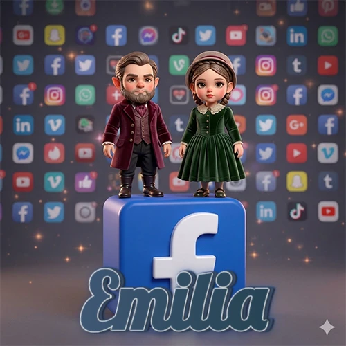 Dos pequeños personajes de dibujos animados con elegante ropa clásica parados sobre un gran logotipo de Facebook, mientras el fondo está lleno de una colorida red de íconos de diferentes aplicaciones. El nombre Emilia está escrito en el diseño.