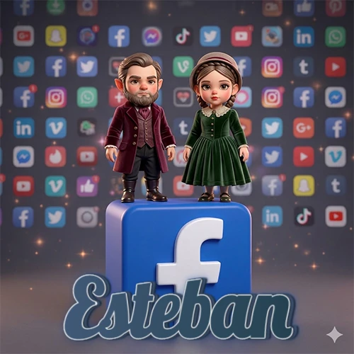 Dos pequeños personajes de dibujos animados con elegante ropa clásica parados sobre un gran logotipo de Facebook, mientras el fondo está lleno de una colorida red de íconos de diferentes aplicaciones. El nombre Esteban está escrito en el diseño.