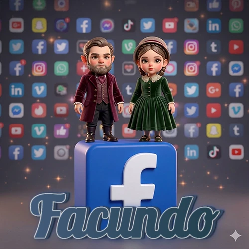 Dos pequeños personajes de dibujos animados con elegante ropa clásica parados sobre un gran logotipo de Facebook, mientras el fondo está lleno de una colorida red de íconos de diferentes aplicaciones. El nombre Facundo está escrito en el diseño.