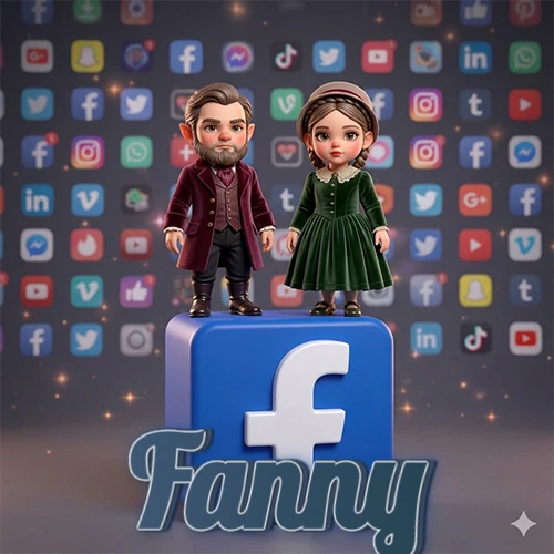 Dos pequeños personajes de dibujos animados con elegante ropa clásica parados sobre un gran logotipo de Facebook, mientras el fondo está lleno de una colorida red de íconos de diferentes aplicaciones. El nombre Fanny está escrito en el diseño.