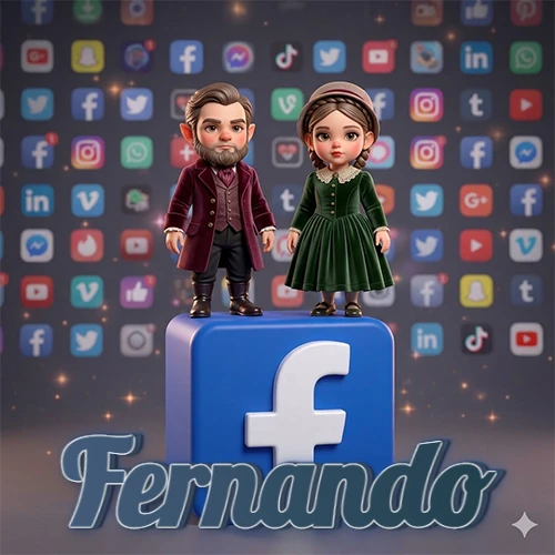 Dos pequeños personajes de dibujos animados con elegante ropa clásica parados sobre un gran logotipo de Facebook, mientras el fondo está lleno de una colorida red de íconos de diferentes aplicaciones. El nombre Fernando está escrito en el diseño.