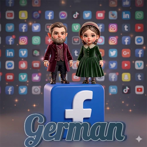 Dos pequeños personajes de dibujos animados con elegante ropa clásica parados sobre un gran logotipo de Facebook, mientras el fondo está lleno de una colorida red de íconos de diferentes aplicaciones. El nombre German está escrito en el diseño.